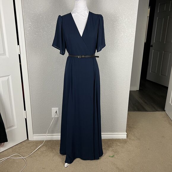 Wayf Womens Size S Blue The Aurelia Short Puff Sleeve Wrap Maxi Dress FLAW - Picture 2 of 7